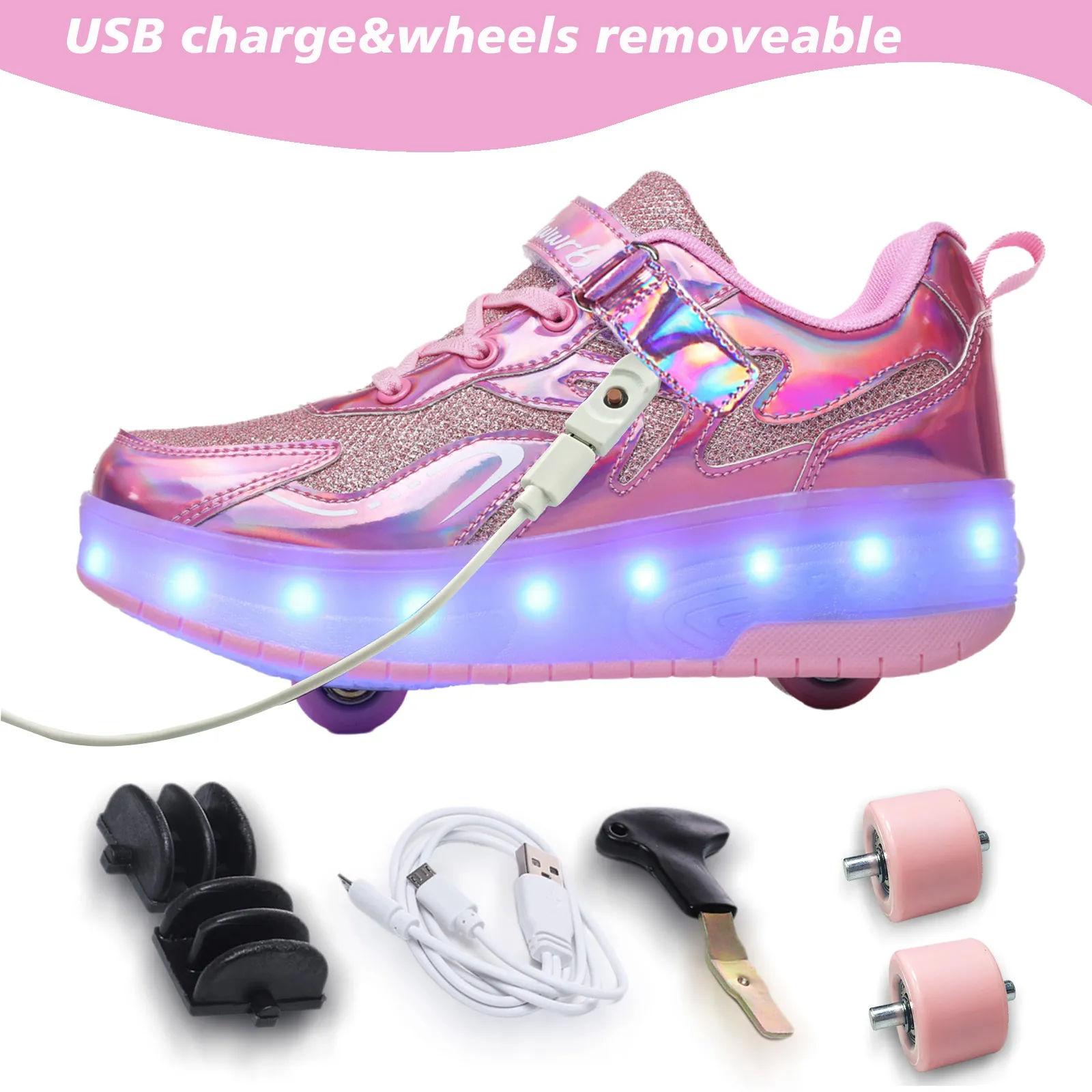 Roller Shoes Girls Sneakers USB Rechargeable 2 Wheels Shoes Roller Skates for Beginner Trainers 16 Modes LED Light Up - view 2
